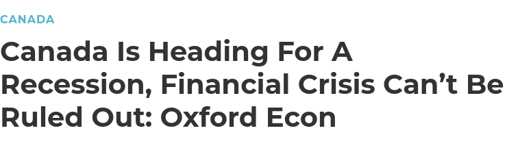 牛津经济研究院：加拿大正在衰退 不排除金融危机